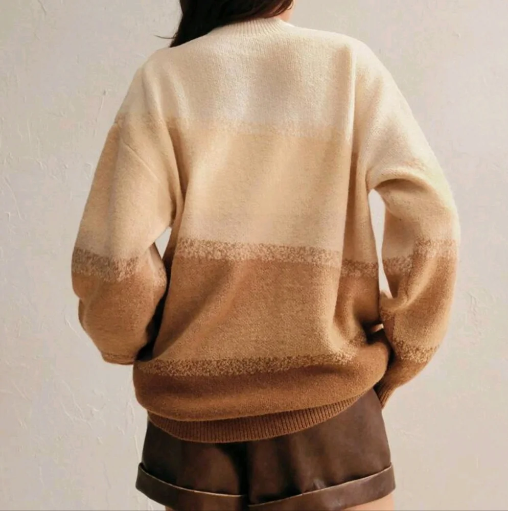 Christmas Gradient Striped Crew Neck Long Sleeve Elegant Pullover Sweater - Picture 3 of 4